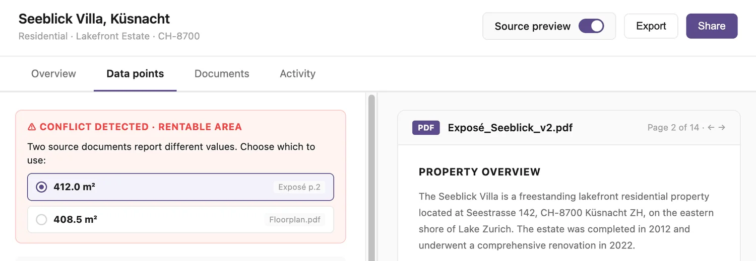 Layron source preview highlighting a conflict against the PDF
